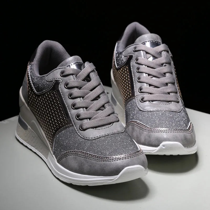 Women's PU lace-up height increasing sneakers 6.5cm round toe casual walking shoes Black Gold Grey Leopard
