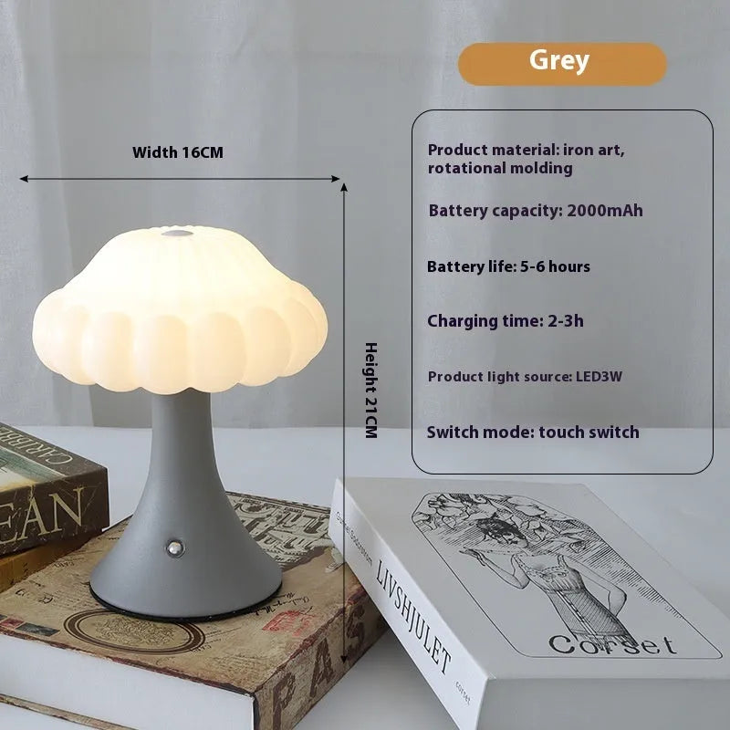Mushroom-shaped touch lamp with USB charging in wood grain, white, cream, grey, or black for bar and cafe decoration