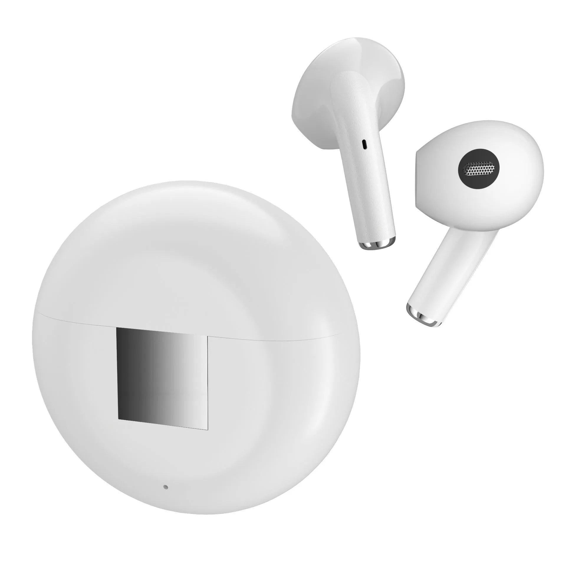 White Budz5 wireless Bluetooth earphones with charging case on a table