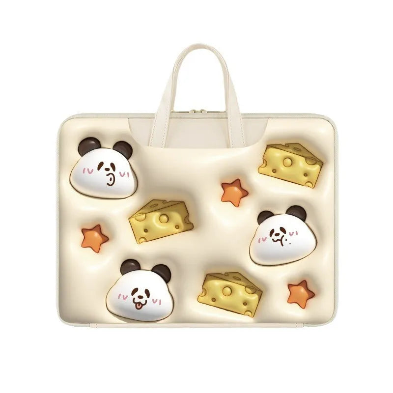 Inflatable PU leather laptop bag with hanging handle in panda pattern design for 15-inch laptops