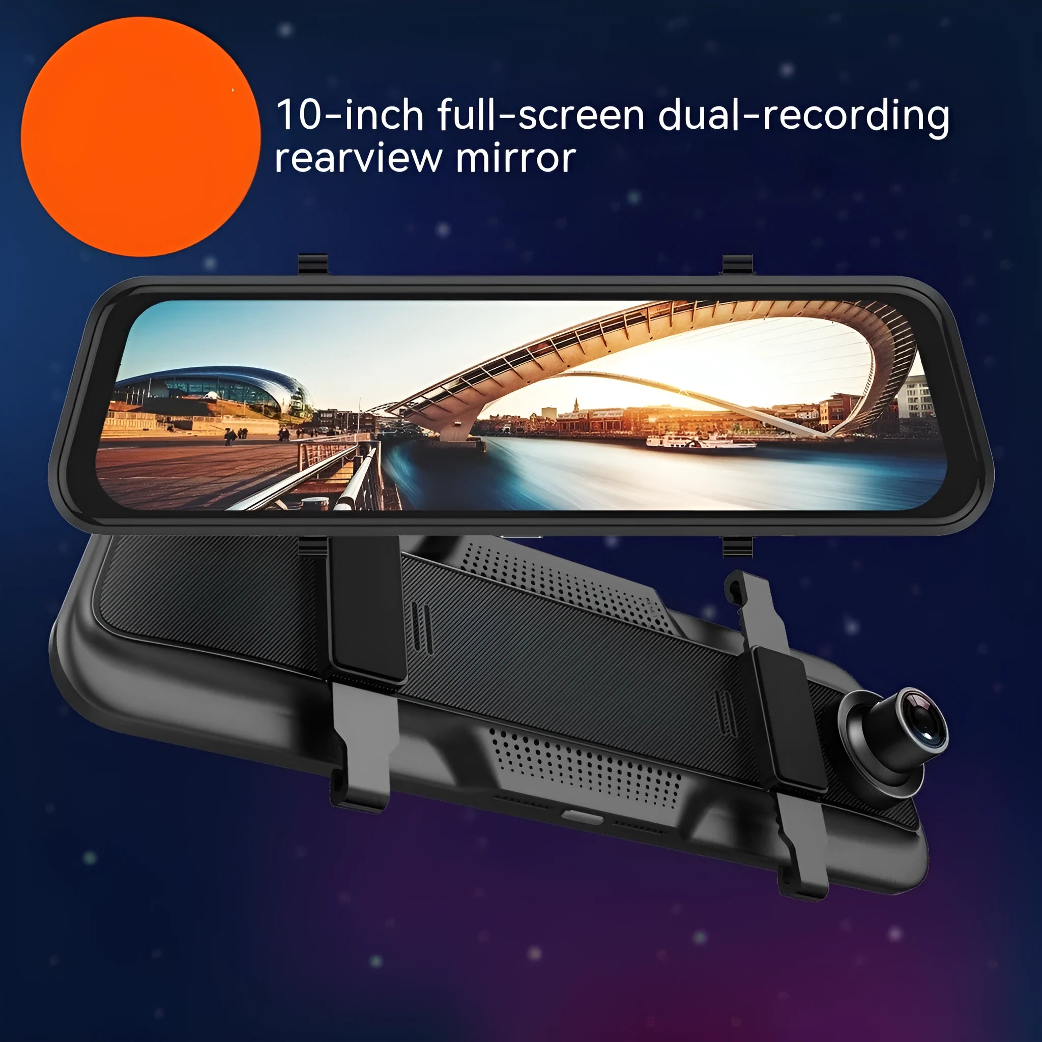 Black 10-inch touch screen dash camera rearview mirror with wide-angle lens for vehicle recording