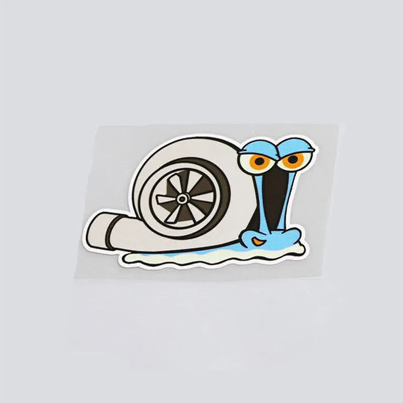 White reflective car sticker with a printed cartoon snail design, shown at 12cm by 8cm scale