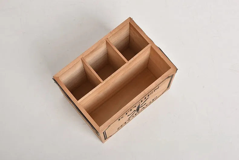 Wooden kitchen storage box with internal grid for knives forks chopsticks organisation