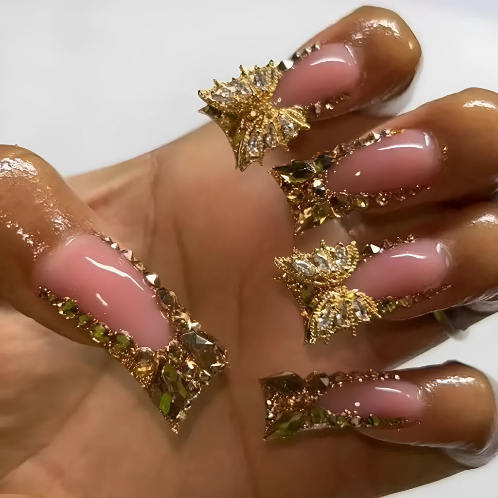Golden diamond butterfly nail stickers 24pcs in colour D34 with glue or jelly glue for DIY manicure