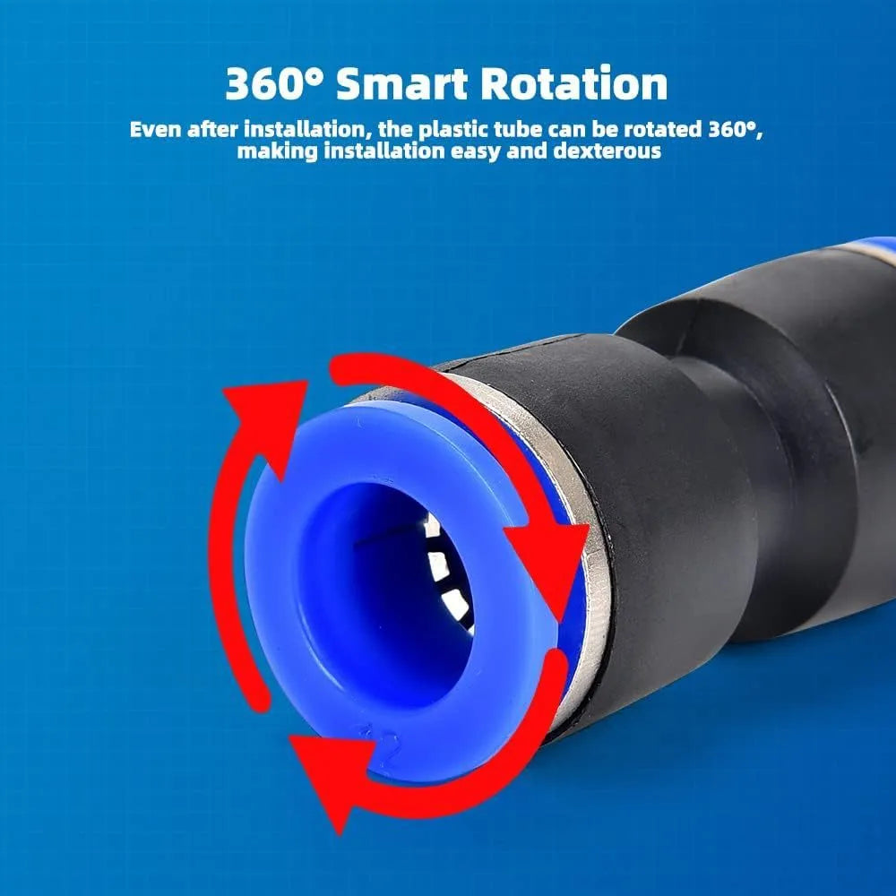 60-piece pneumatic push-in connector set with alloy plastic body and threaded adapters