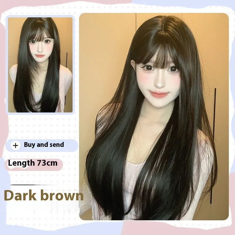 Dark brown long straight synthetic wig with bangs on wig head