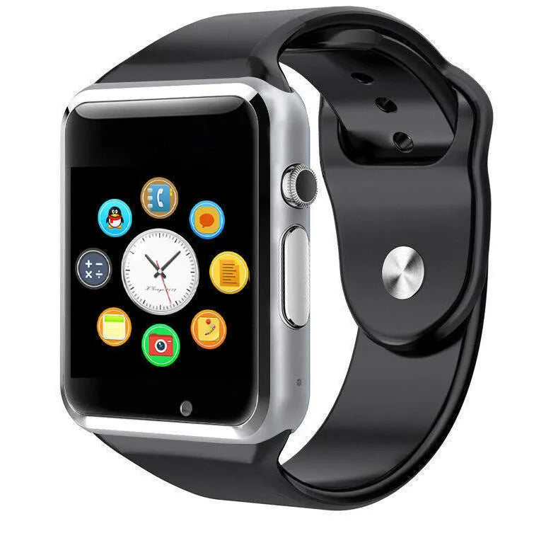 A1 Smart Watch in various colours showing GSM SIM slot, Bluetooth, and camera functionality for Android