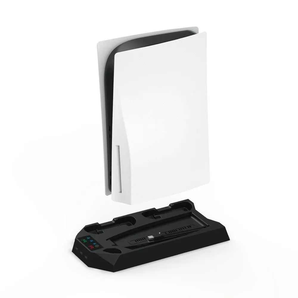 Black and white PS5 charging station with controller dock and headset hook