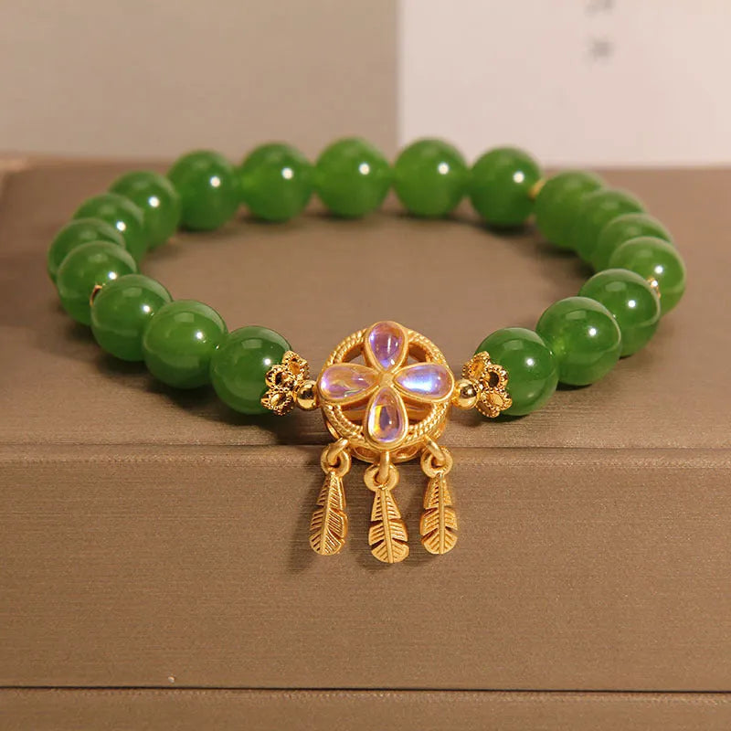 Green jasper crystal bracelet with four-leaf clover dream catcher pendant, women's original design jewellery