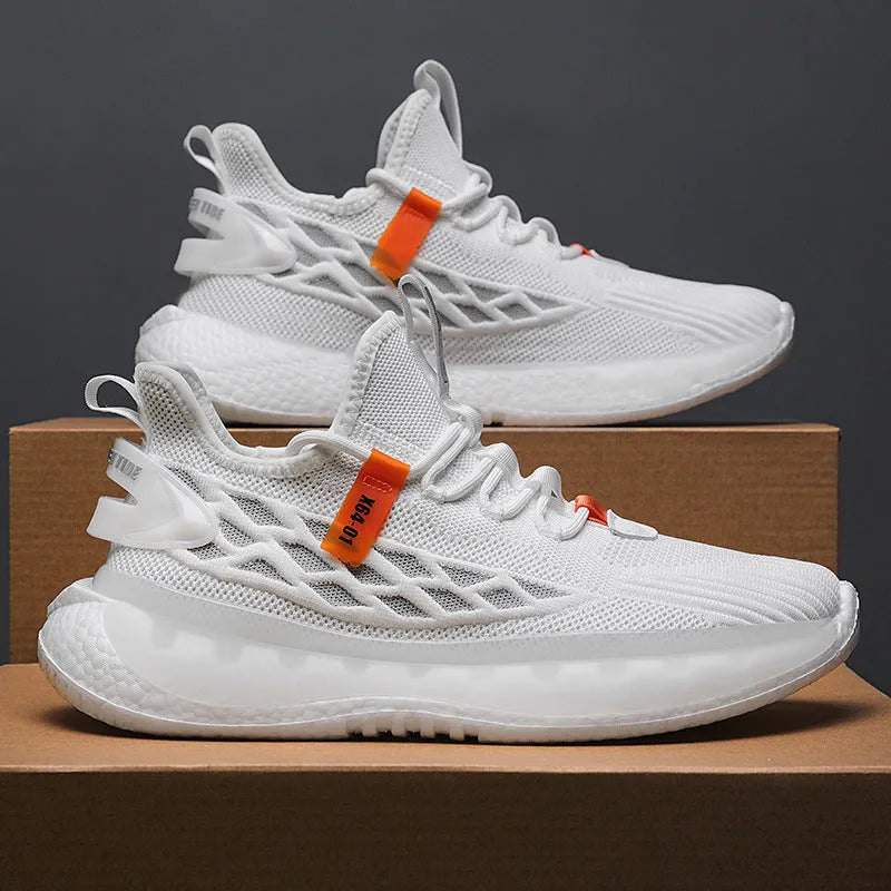 Men's white low-top lace-up sneakers with a woven mesh upper and flat rubber platform sole