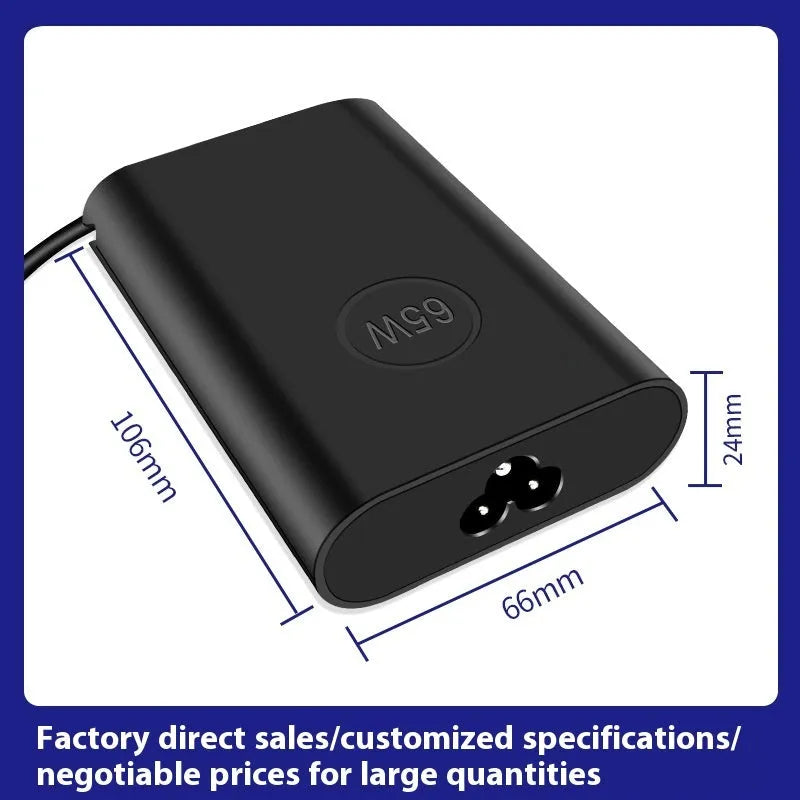 Black 65W USB-C laptop power adapter with a set of international plug cords for UK, US, EU, AU and SA sockets.