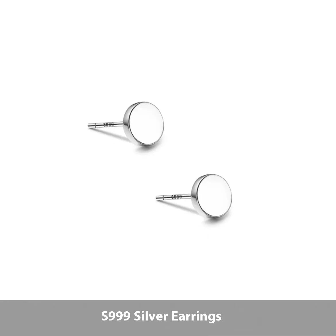 A pair of simple geometric round S999 Sterling Silver flat bone stud earrings in silver and black, showing size variation.