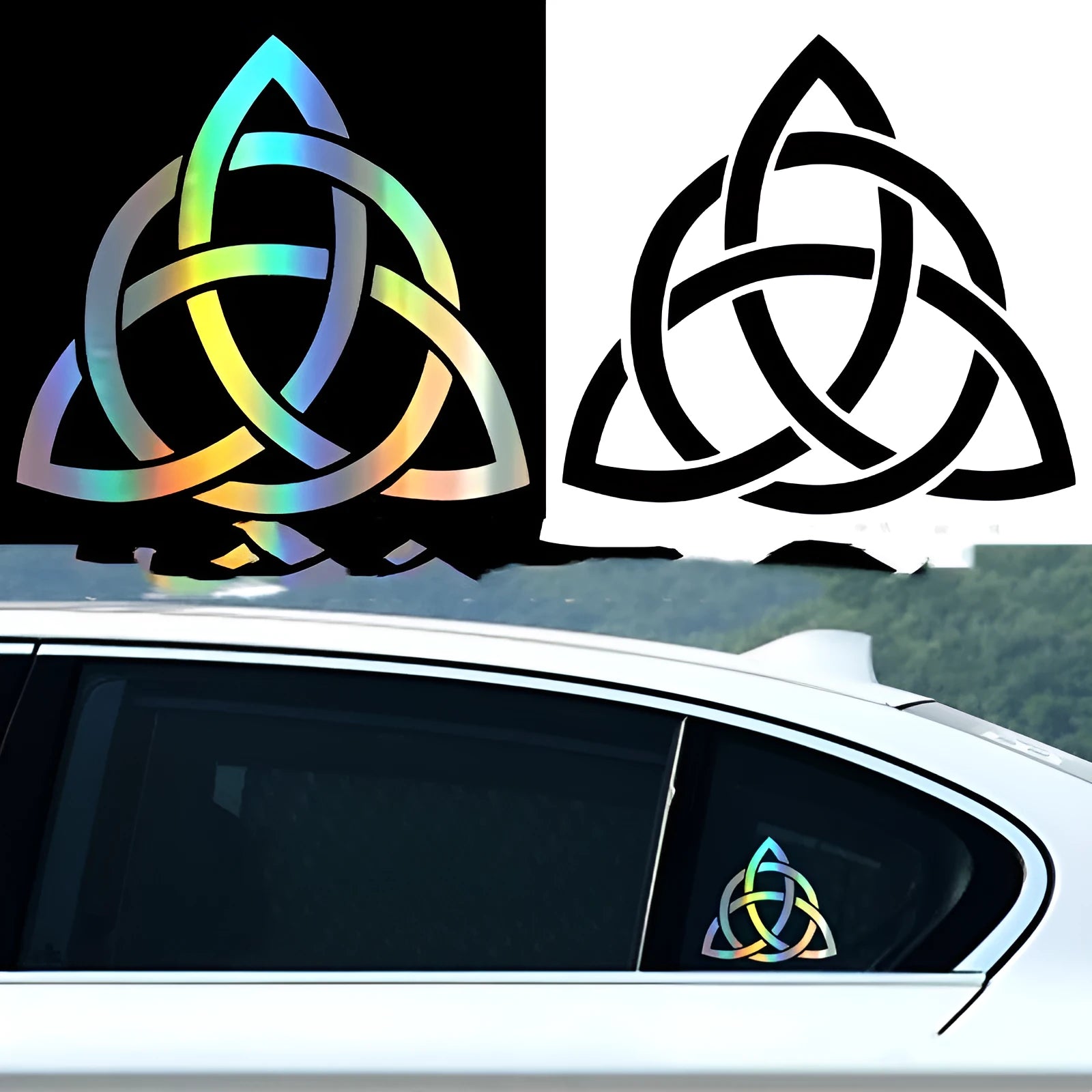 Funny waterproof car body sticker decal shown in black, white, and laser colour options on a vehicle window.
