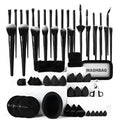 Black makeup brush set with 33 pieces including brush bag on a surface
