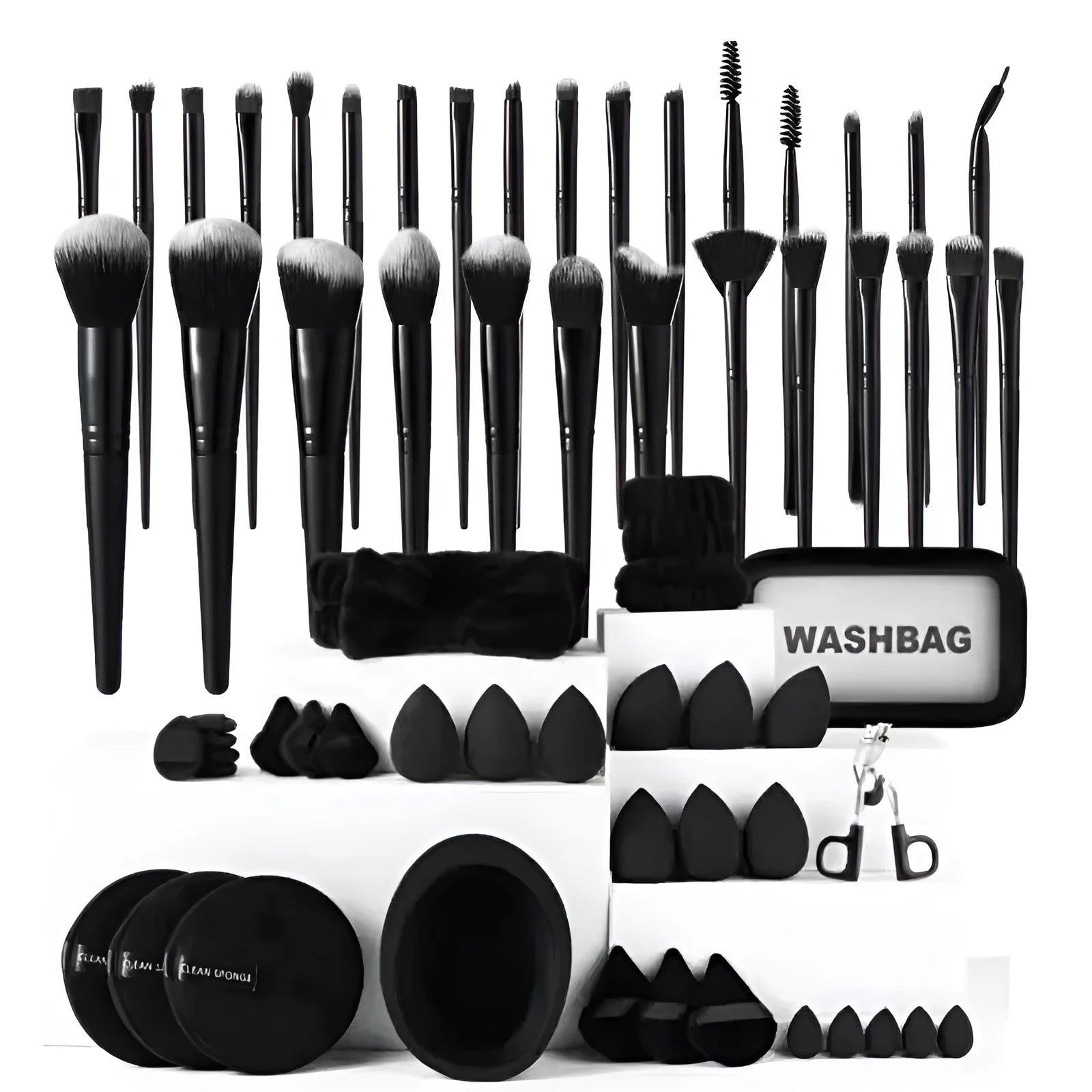 Black makeup brush set with 33 pieces including brush bag on a surface