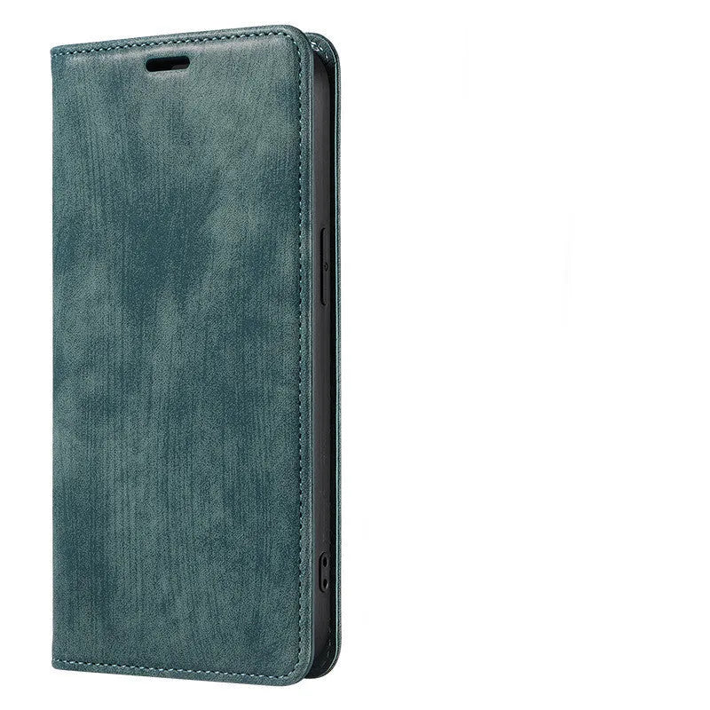 Magnetic flip phone case in solid grey leather and TPU material compatible with various iPhone models