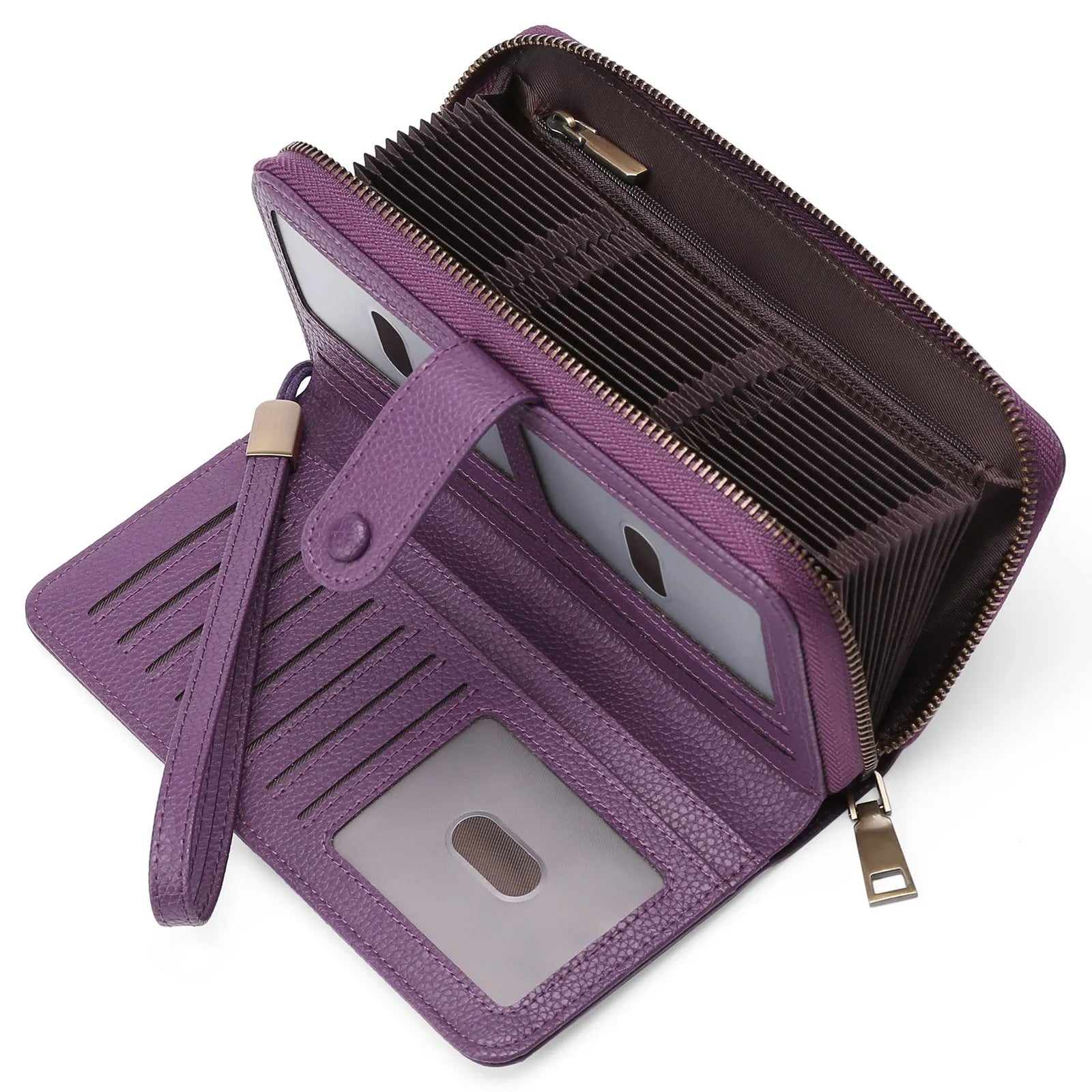 Women's long expanding card holder wallet in synthetic leather with anti-theft swiping feature
