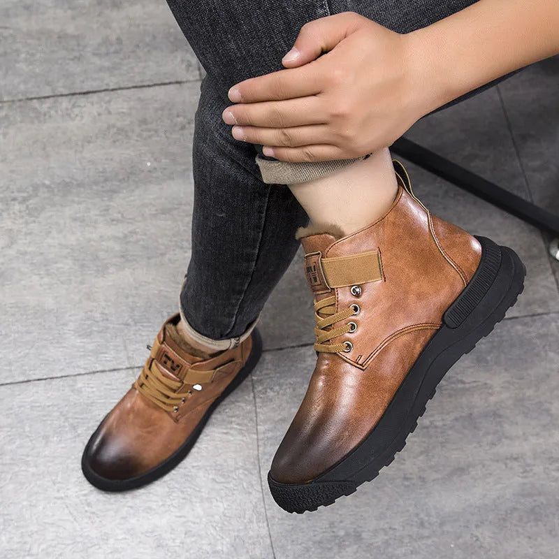 Black high-top Martin platform boots with velvet finish and rubber sole