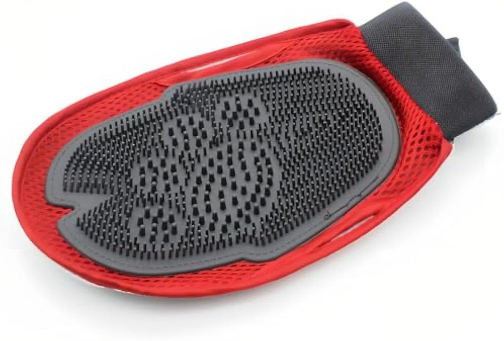 Red pet bathing glove with integrated brush for hair removal during pet washing