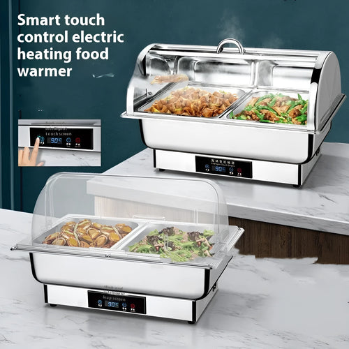 Stainless steel electric buffet stove with transparent flip lid and LCD temperature control screen.