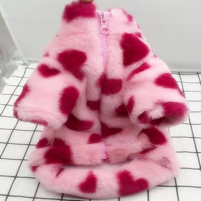 Pink plush warm coat for small dog on white background showing British style design