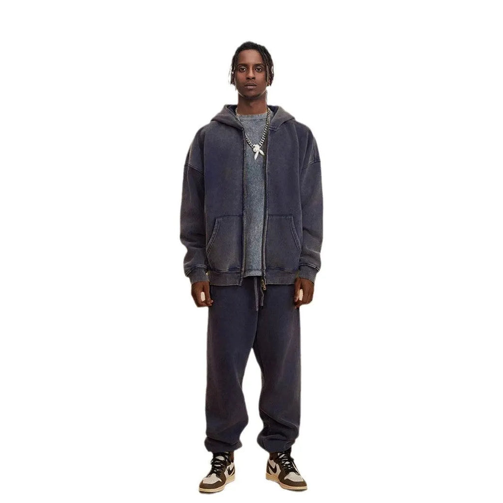 Men's vintage-style dark green fleece-lined hooded cardigan with a double zip front.