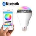 White E27 LED smart bulb with Bluetooth speaker, showing PC body and dimensions 100x150mm.