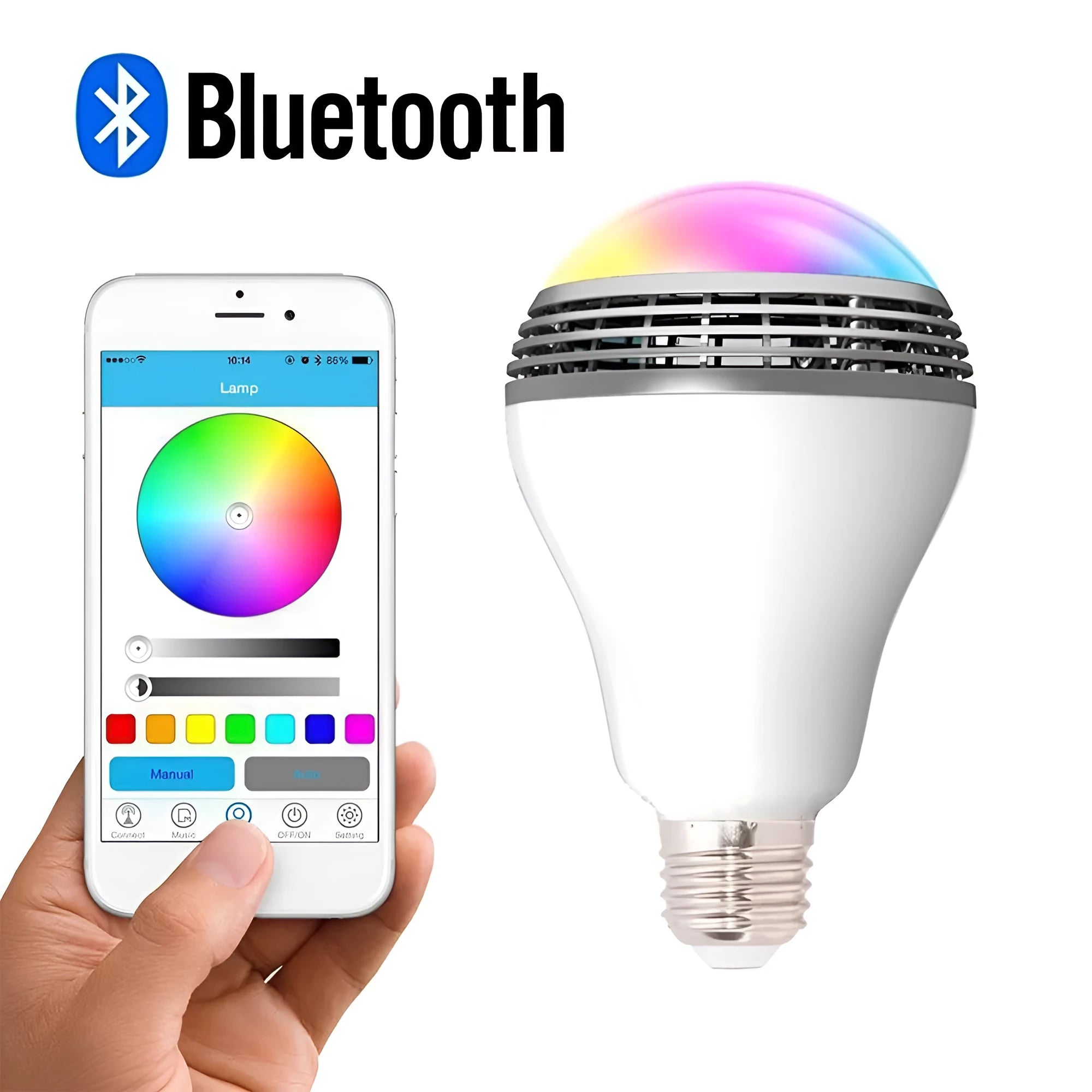 White E27 LED smart bulb with Bluetooth speaker, showing PC body and dimensions 100x150mm.