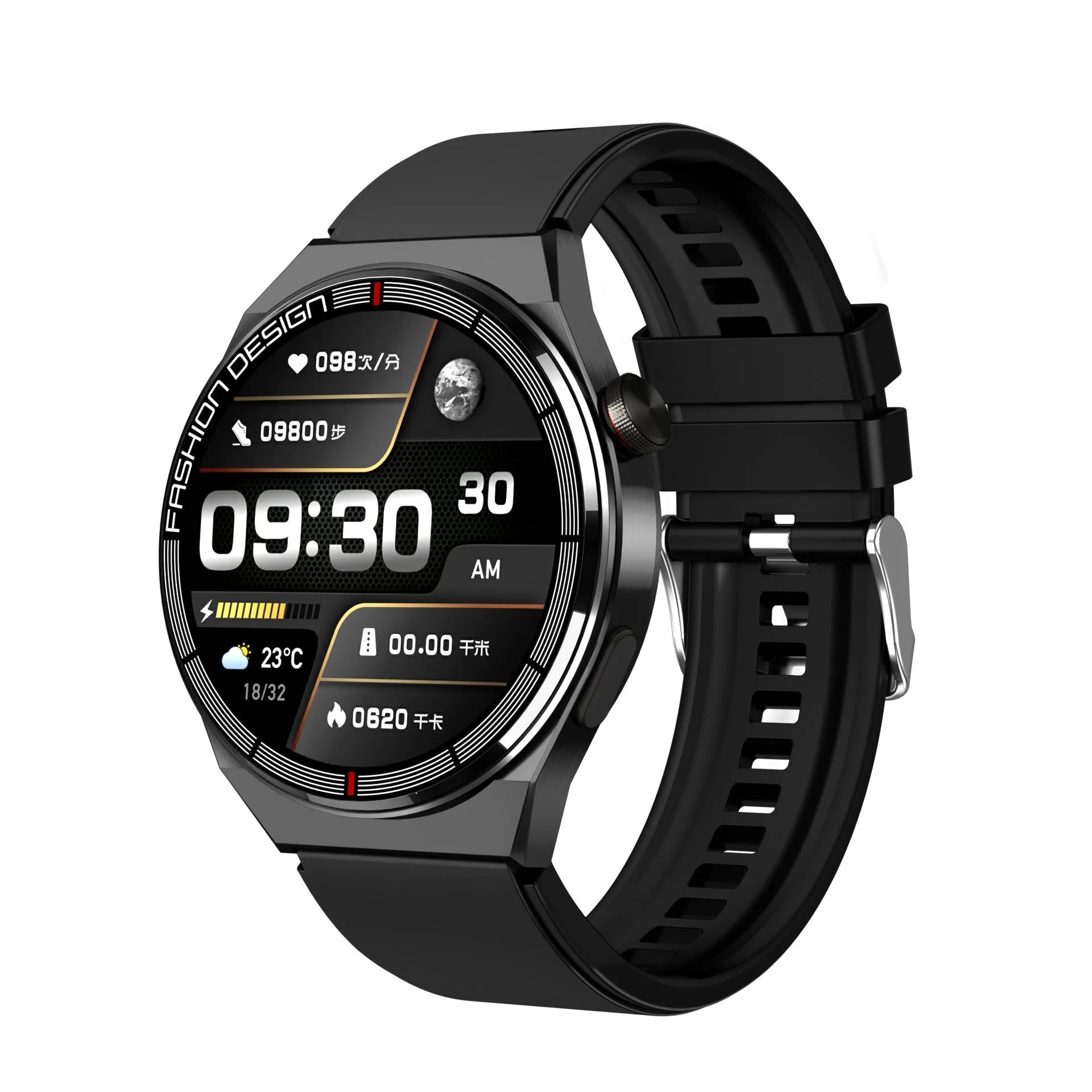 Smartwatch with black case and silicone strap showing Bluetooth calling and health monitoring features