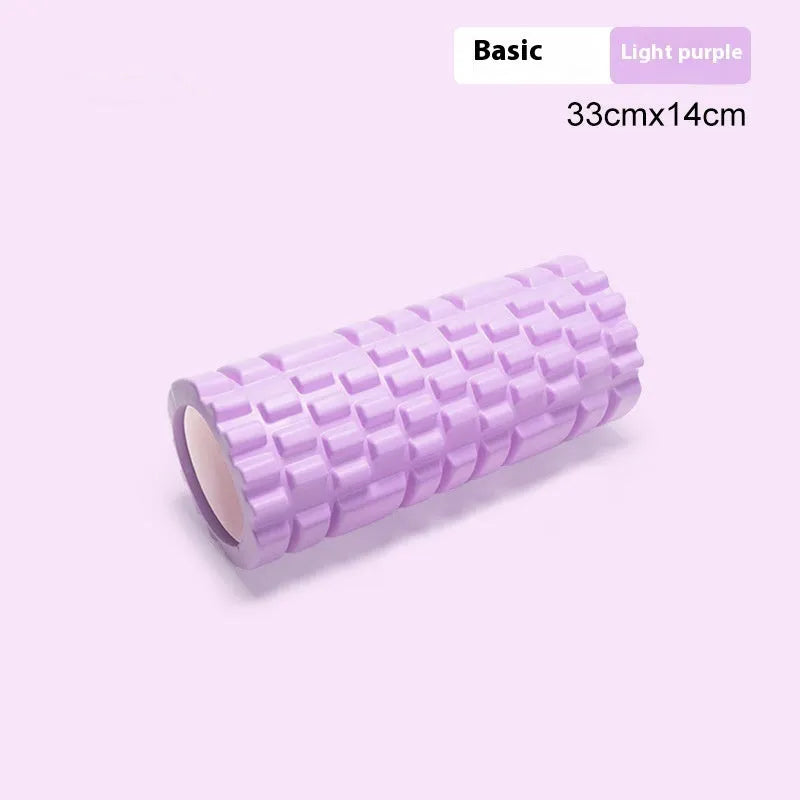 EVA foam roller for fitness in black, grey, pink, sky blue, or light purple, showing 30cm and 33cm size options.
