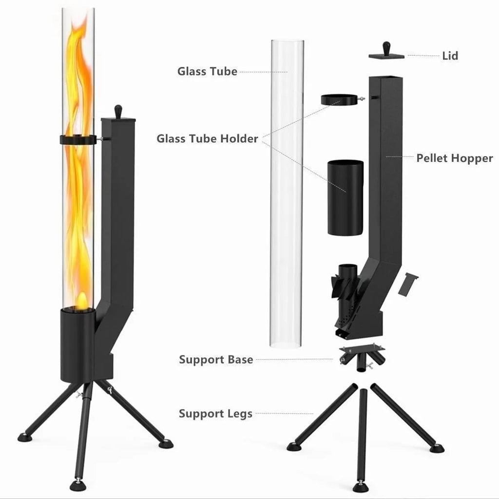 Vertical cast iron rocket furnace wood burning stove for courtyard heating.