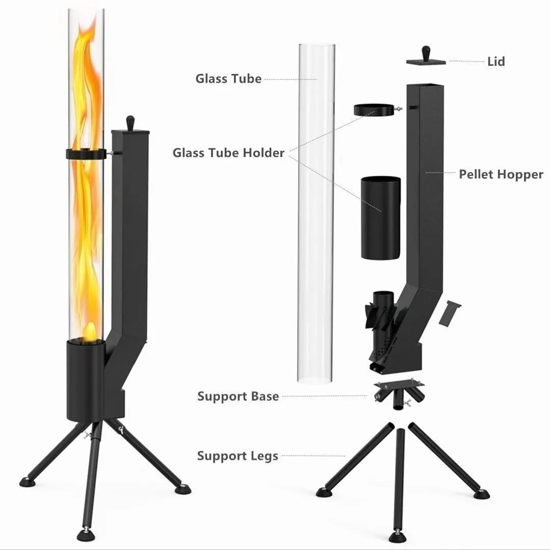 Vertical cast iron rocket furnace wood burning stove for courtyard heating.