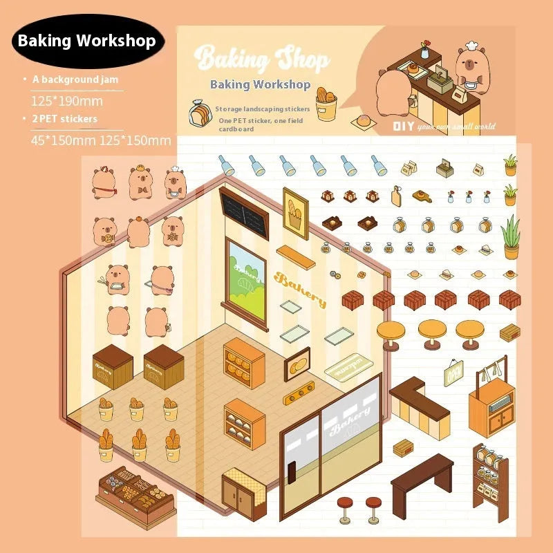 Set of eight Capabala cut-free 3D cartoon shop stickers showing bakery, bookstore, and flower shop designs.