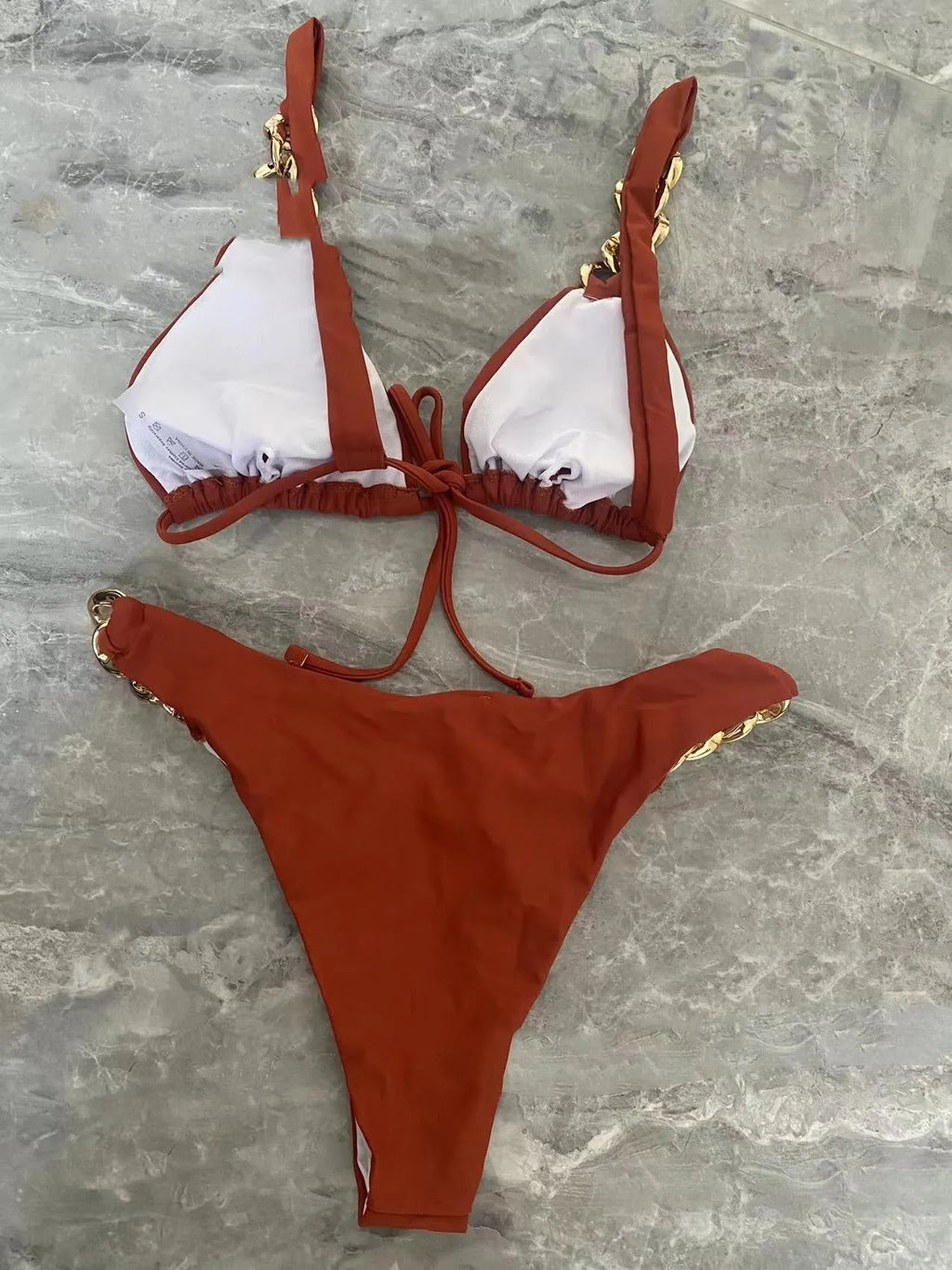 Brown tube top push up bikini split swimsuit with ring tether design