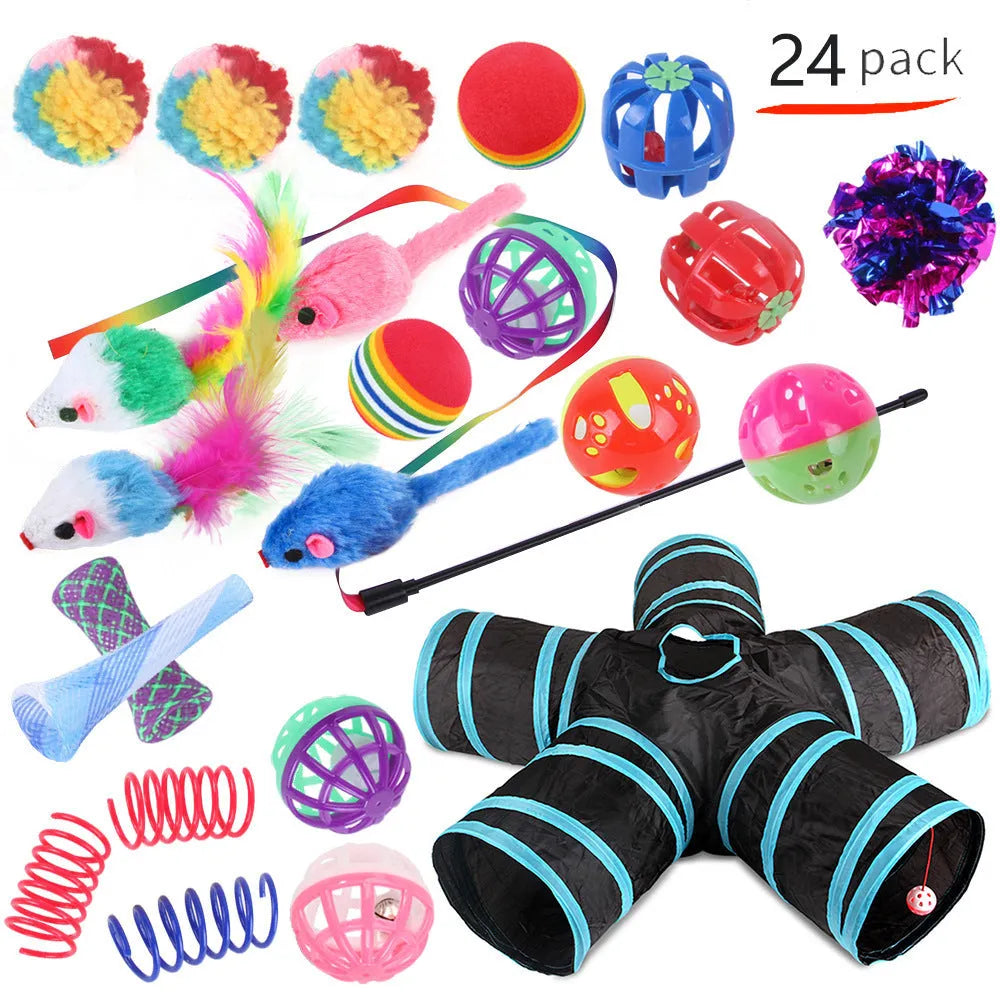 Plastic cat toy channel maze set with coloured accessories for feline play