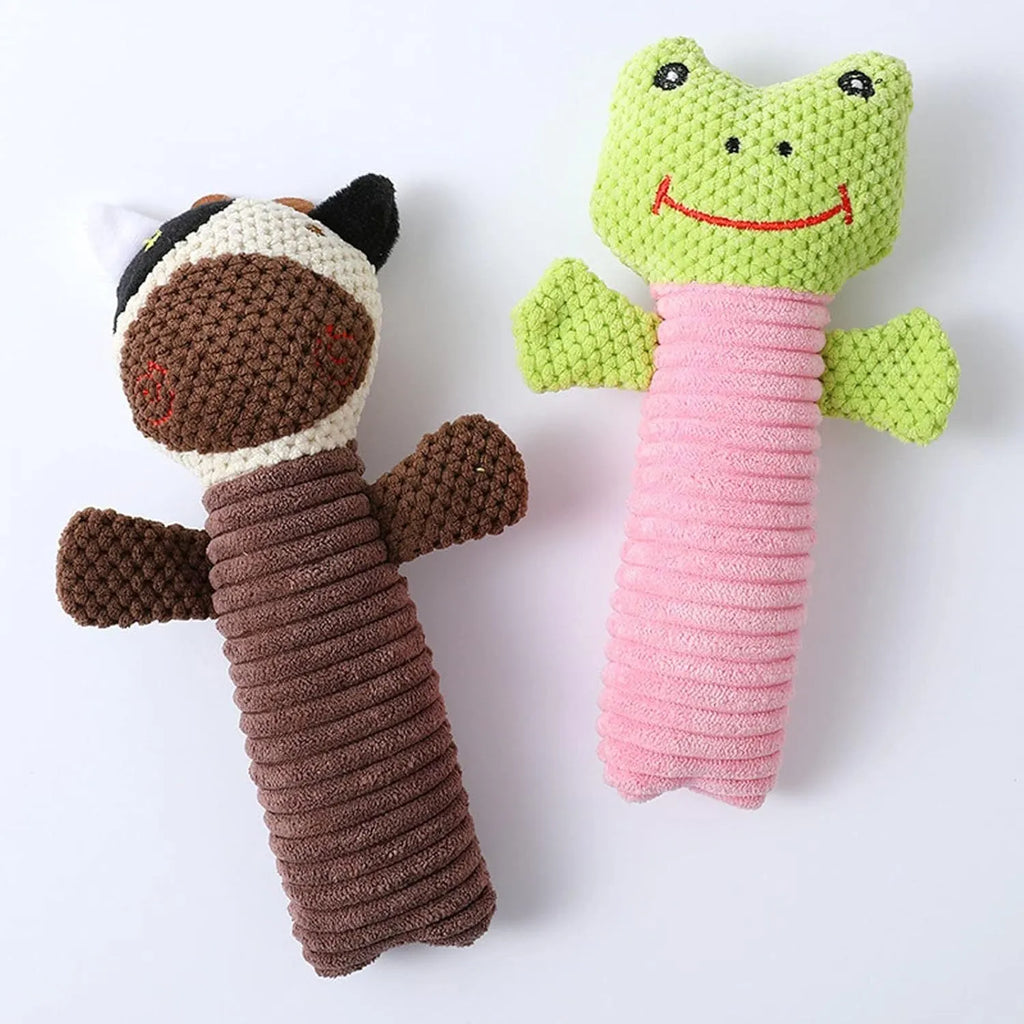 Soft plush squeaky dog chew toy in animal shape for dental care and play.