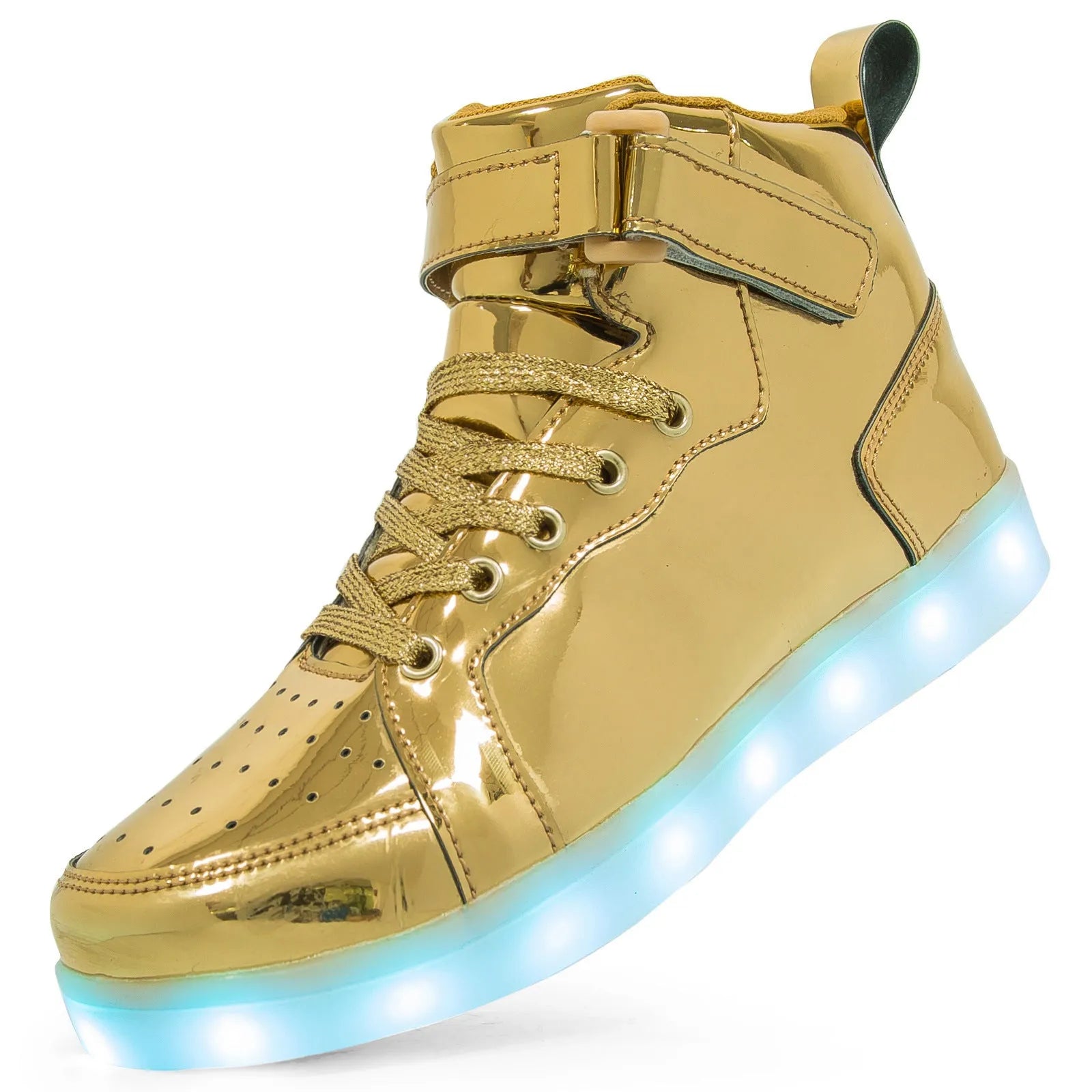 Black high-top LED light-up shoes with Velcro strap and glowing soles
