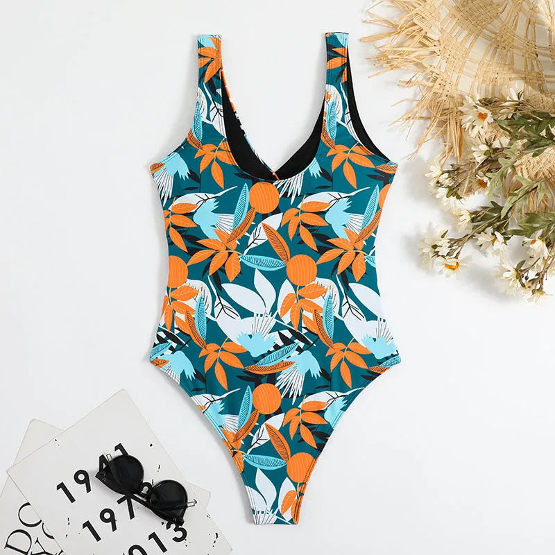 Women's high-waisted one-piece swimsuit with printed pattern in quick-drying polyester nylon fabric