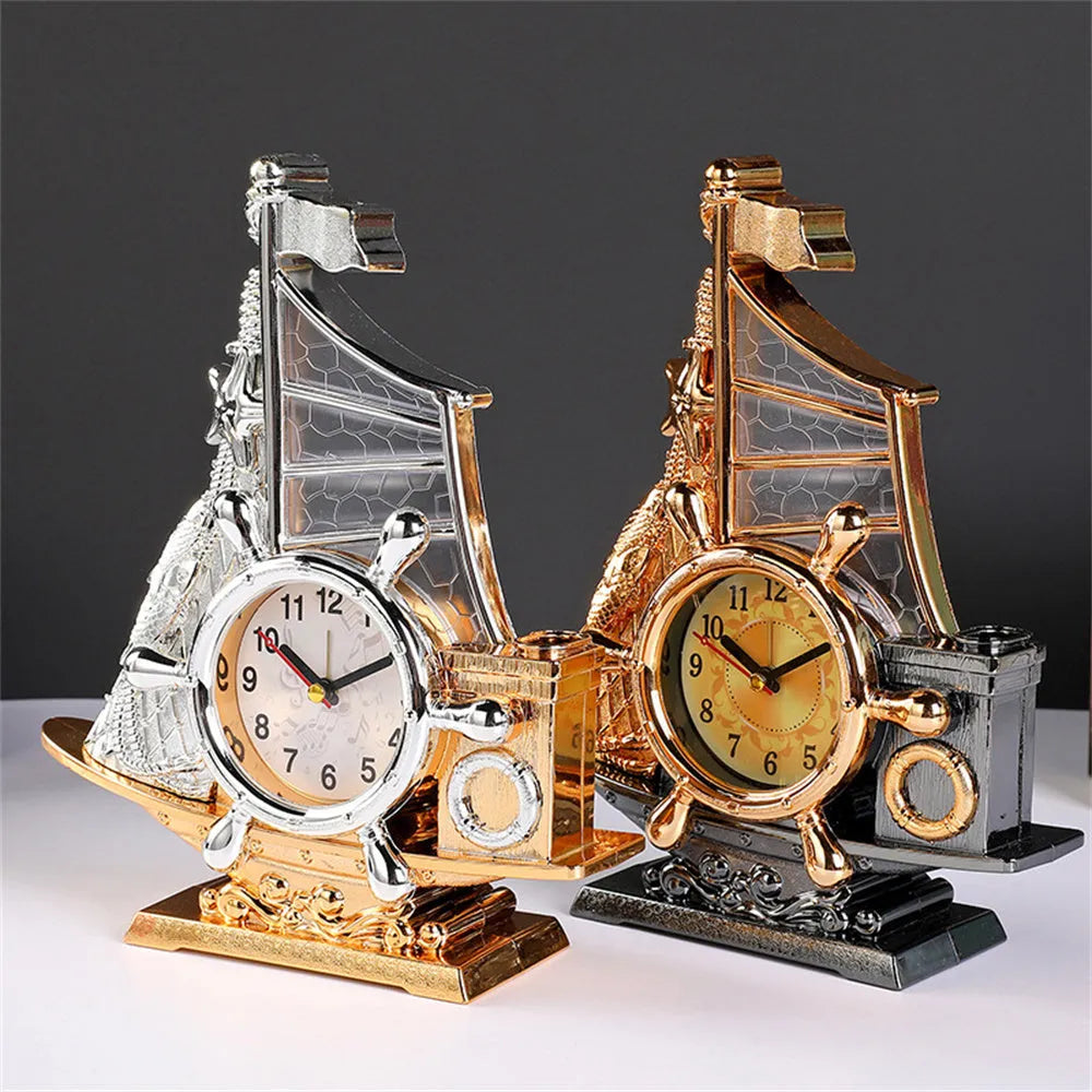 Creative contemporary alarm clock in a choice of gold or silver finish for home decor.