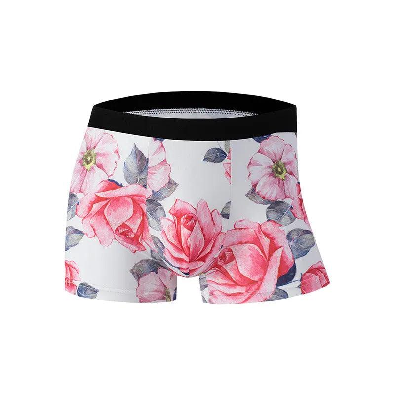 Men's ice silk underwear in polyester with floral print and mid-waist design