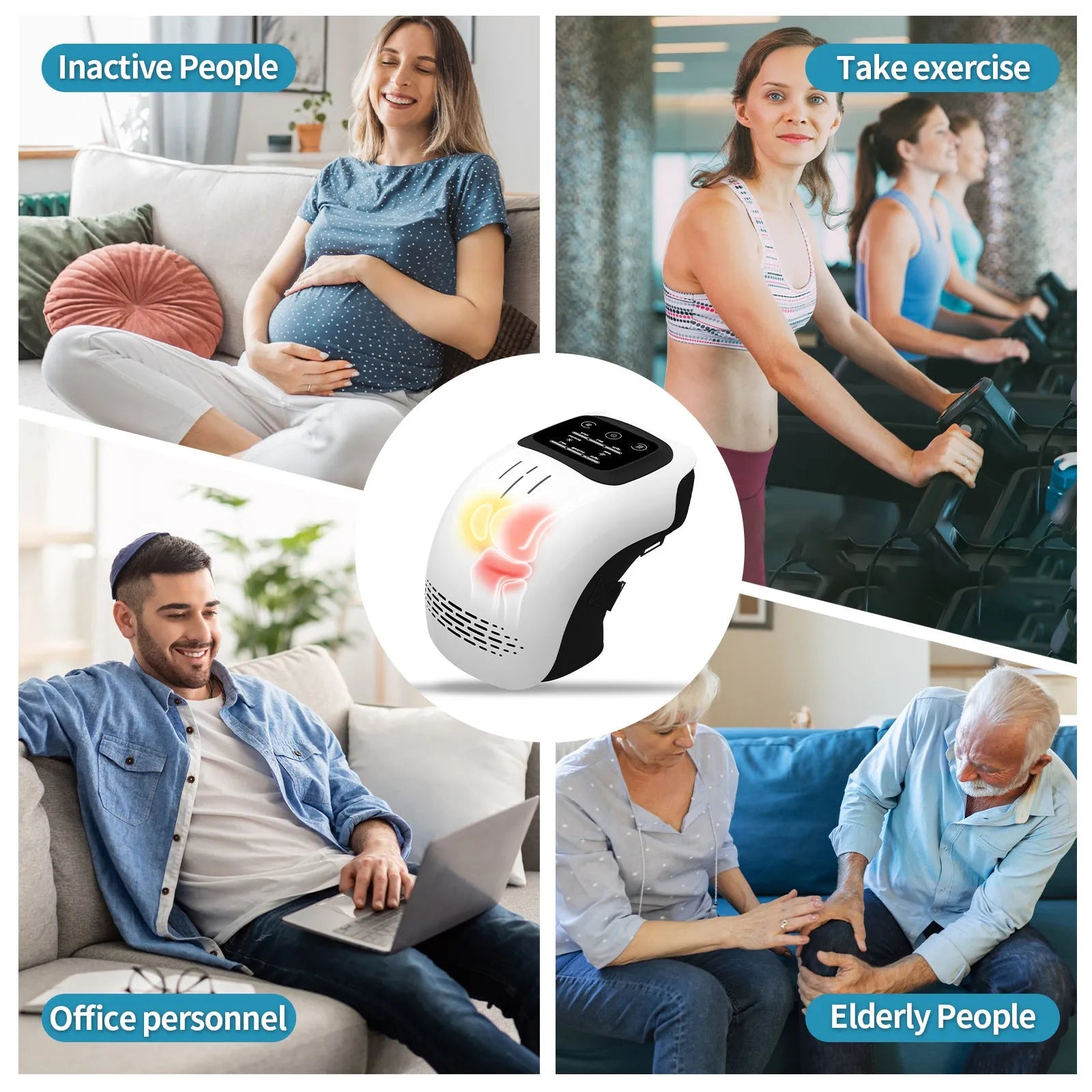 Rechargeable knee massager with intelligent kneading heating and infrared laser vibration in white or wood colour