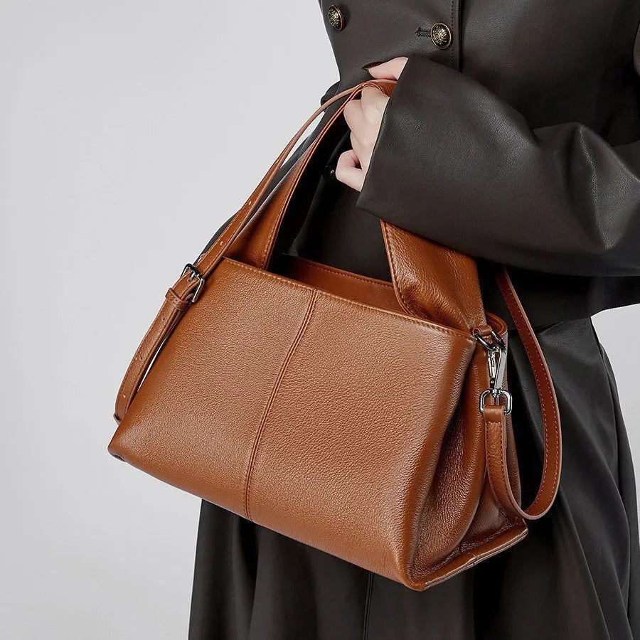 Women's genuine leather messenger bag in horizontal square shape with double shoulder straps
