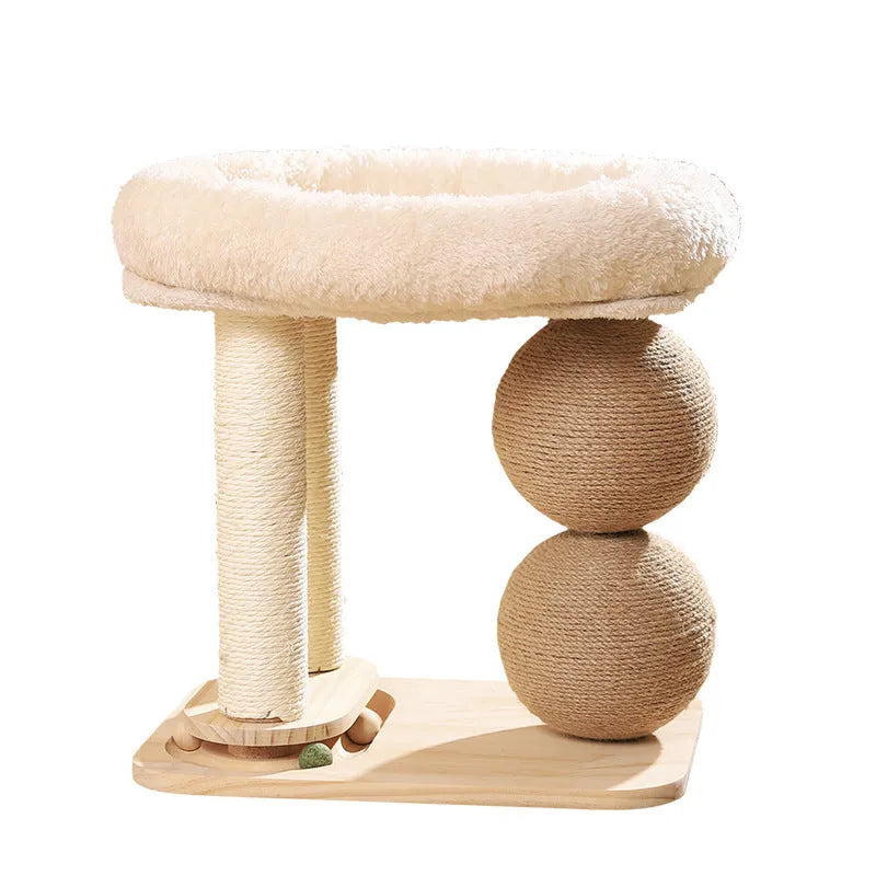 Pine wood cat nest with two columns holding chamfered balls and a central resting platform.