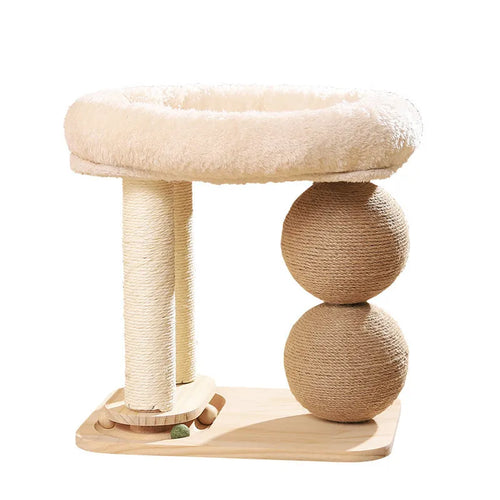Pine wood cat nest with two columns holding chamfered balls and a central resting platform.