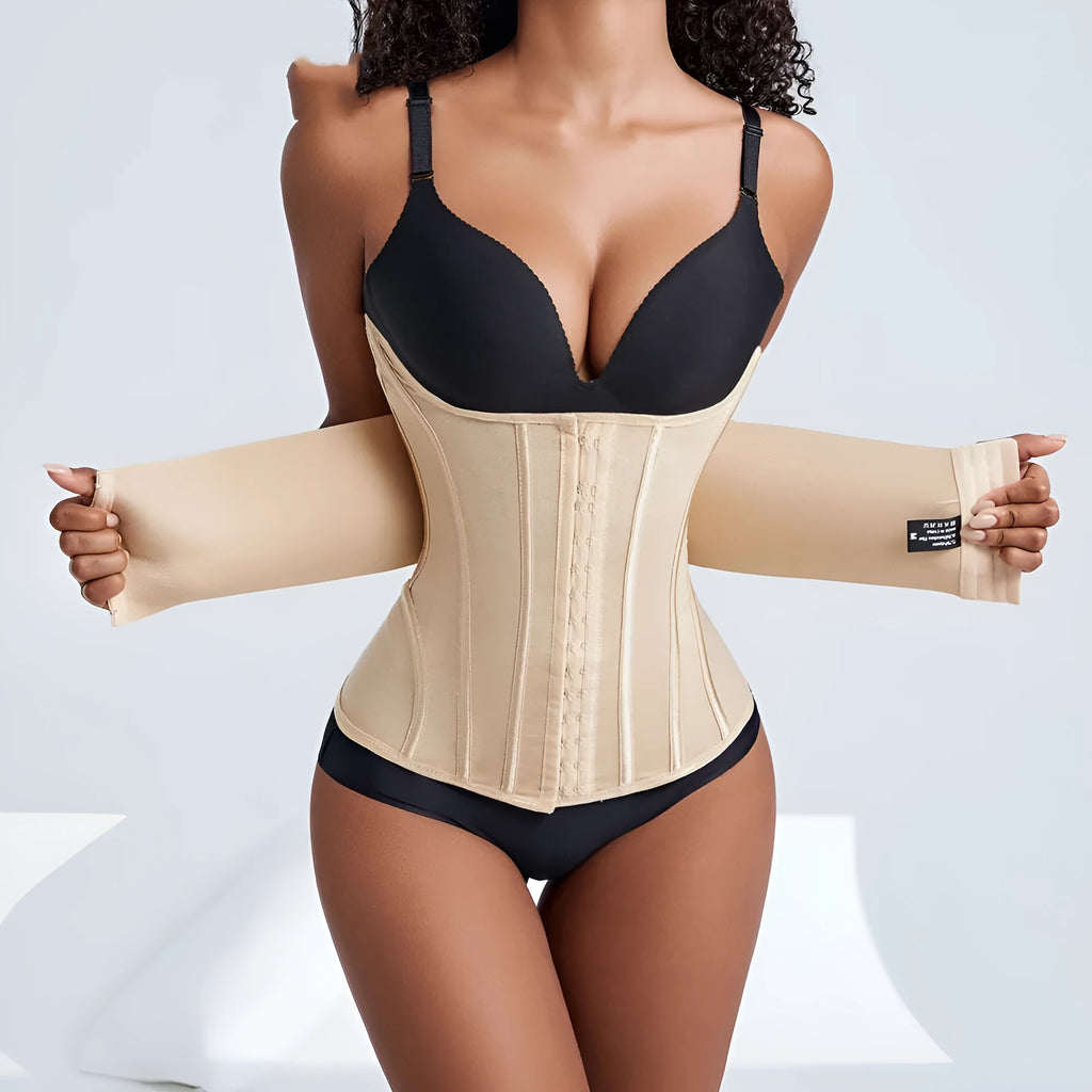 Black and apricot nylon belly band waist trainer for tummy slimming and fitness in sizes XXXS to 3XL