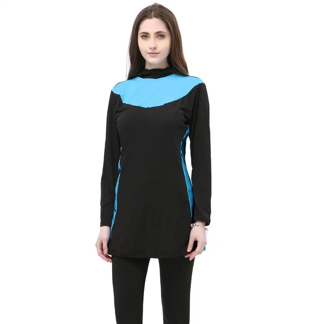 Women's black hooded long sleeve swimsuit with rose red accents, shown as separate top and pants