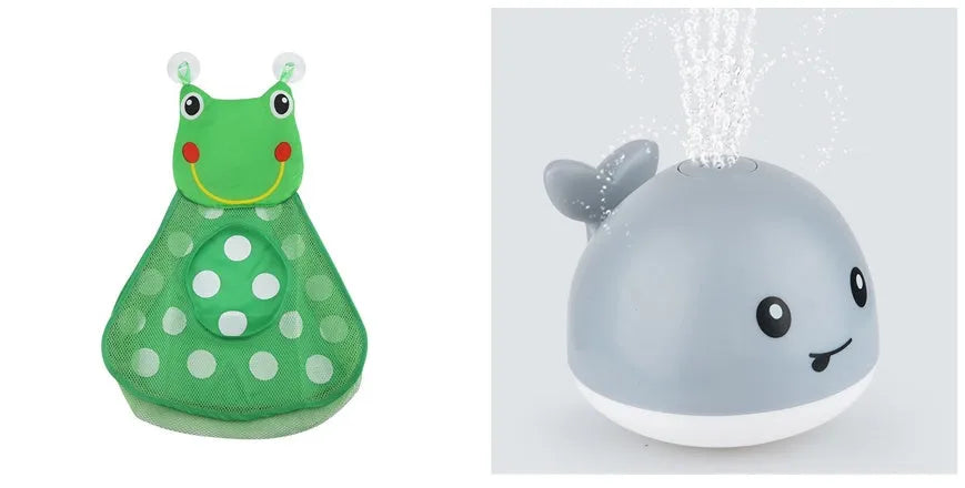 Automatic water spray whale bath toy floating in water with fountain and LED lights