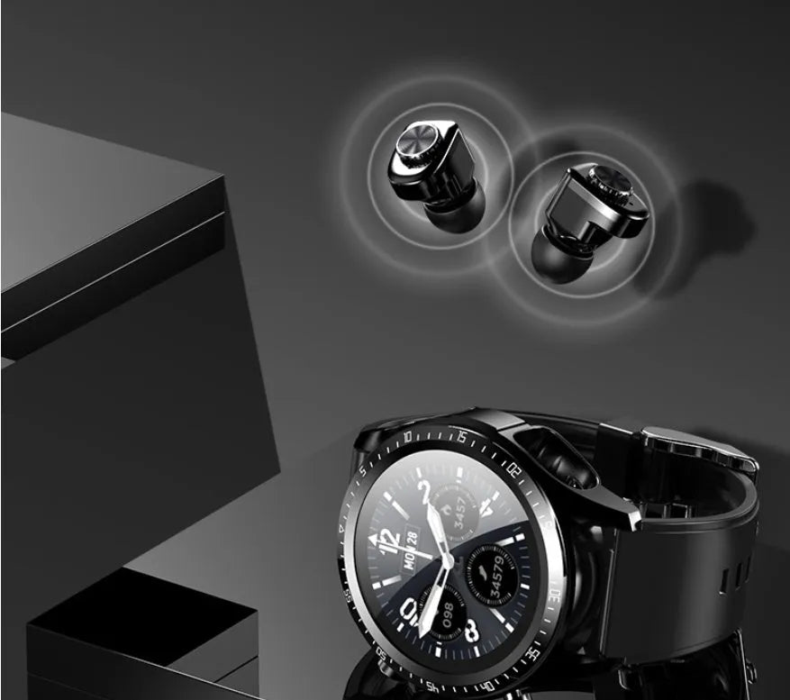 Black smart watch with a 1.28-inch screen displaying health stats on a silicone strap.