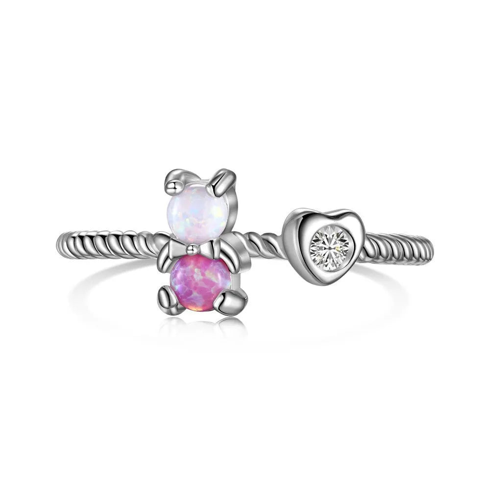 S925 sterling silver bear ring for women with Australian gemstone and zircon, adjustable opening heart shape style