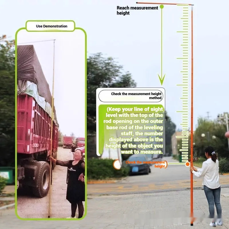 Telescopic cargo truck height measuring rod extended vertically, showing clear measurement scales on a glass fibre pole.